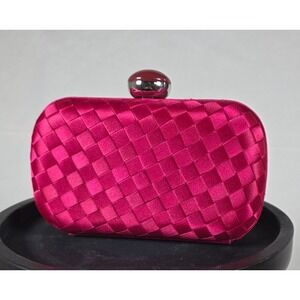 Kate Landry Hot Pink Satin Woven Clutch Evening Bag Hard Case Kiss Lock Formal